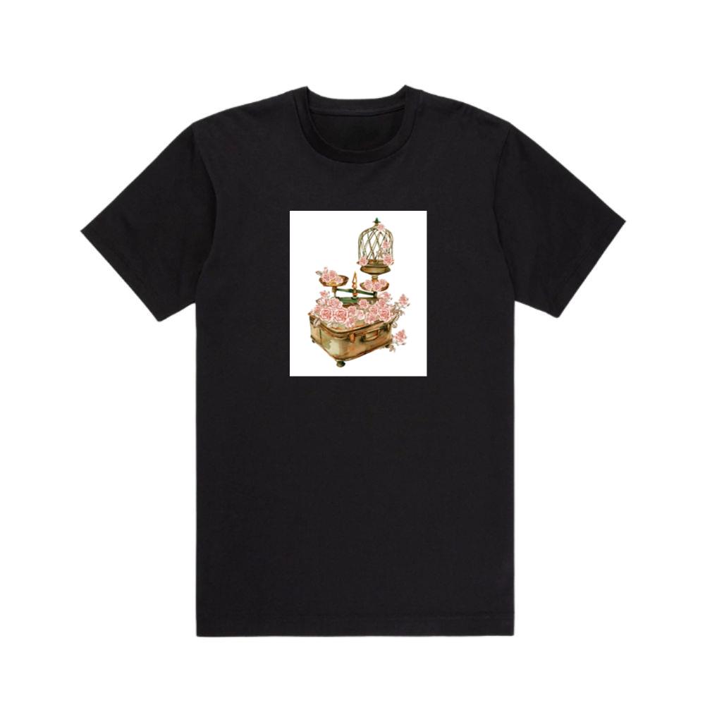 Birdcage, Scales, and Suitcase Adorned with Pink Roses T-Shirts