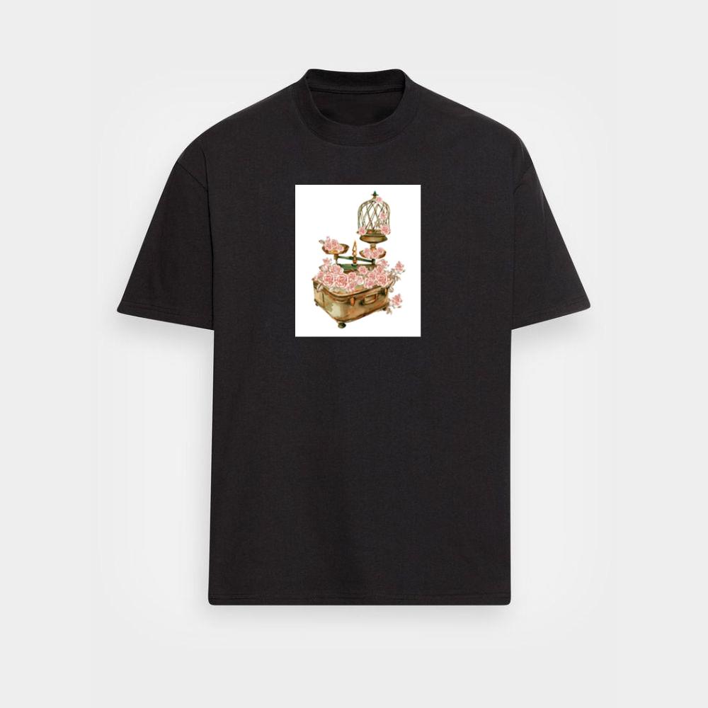 Birdcage, Scales, and Suitcase Adorned with Pink Roses T-Shirts