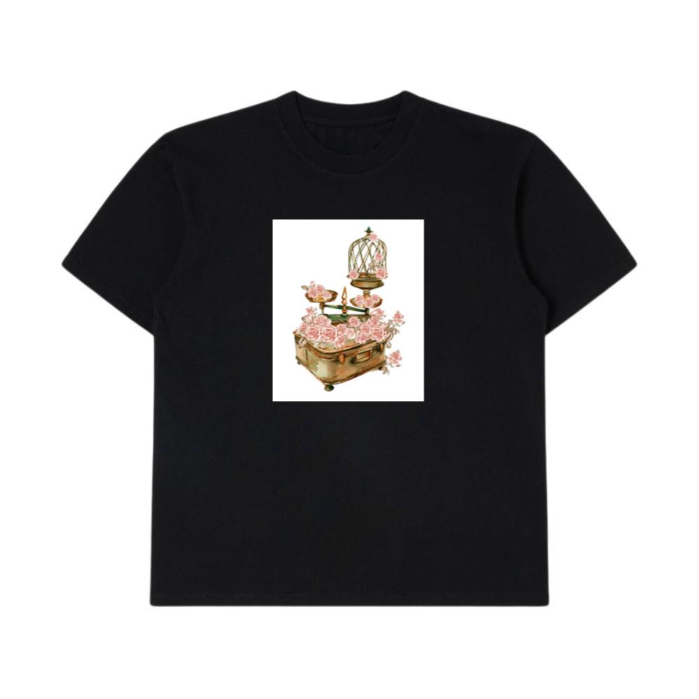 Birdcage, Scales, and Suitcase Adorned with Pink Roses T-Shirts
