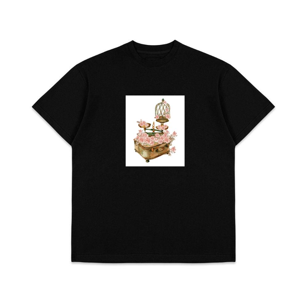 Birdcage, Scales, and Suitcase Adorned with Pink Roses T-Shirts