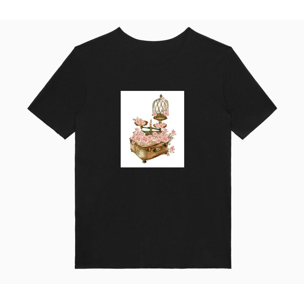 Birdcage Scales and Suitcase Adorned with Pink Roses TShirts Tickertaz