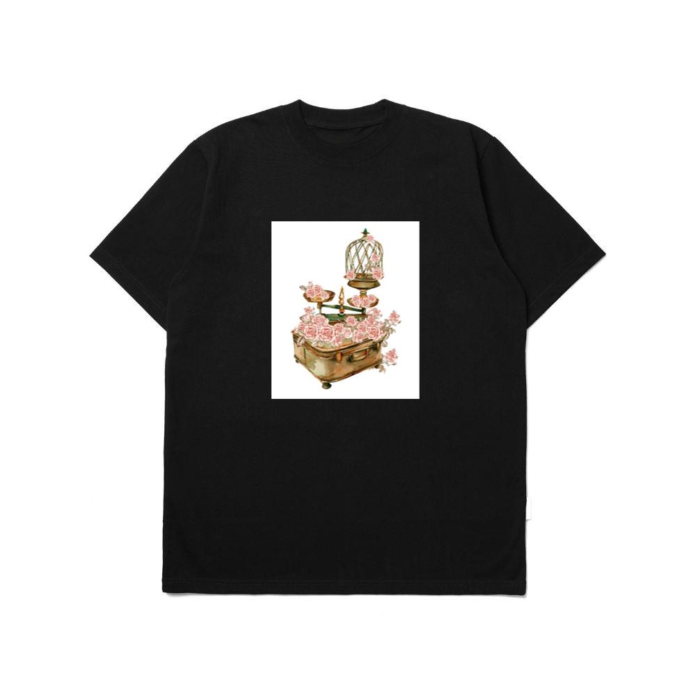 Birdcage, Scales, and Suitcase Adorned with Pink Roses T-Shirts