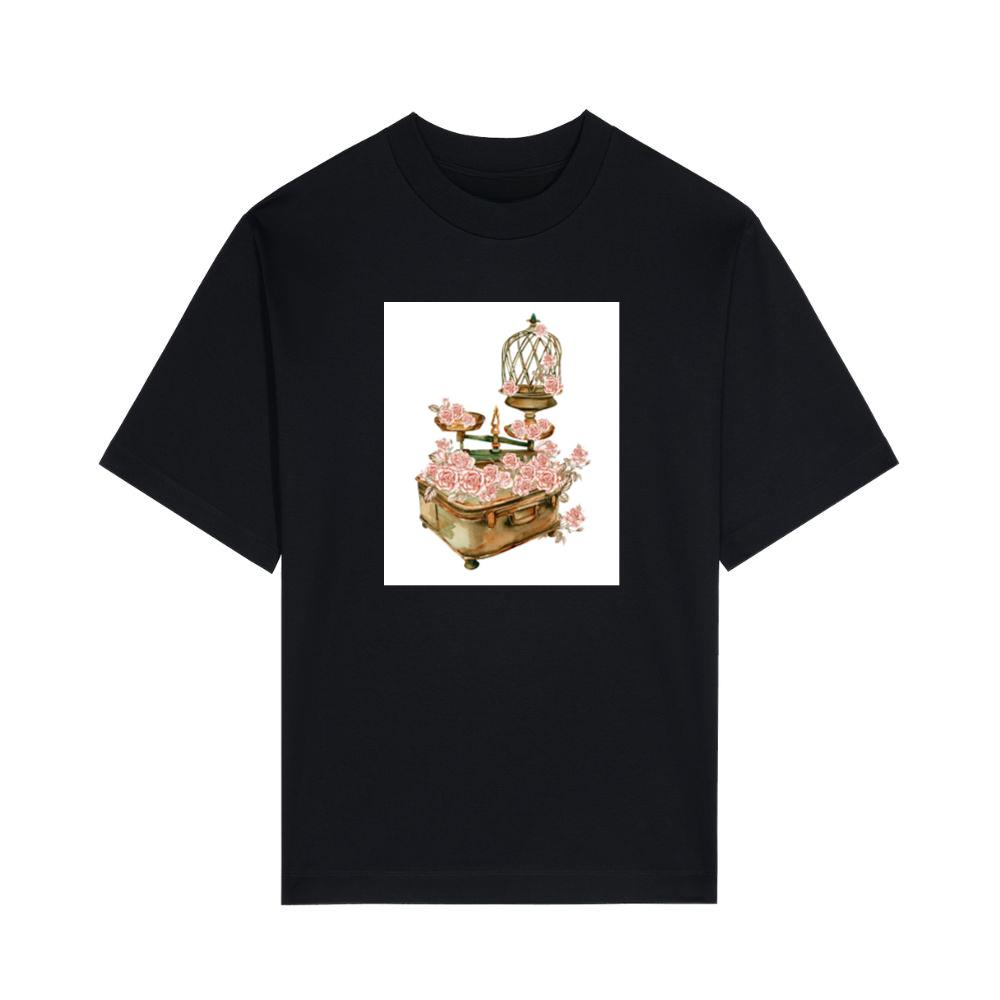 Birdcage, Scales, and Suitcase Adorned with Pink Roses T-Shirts