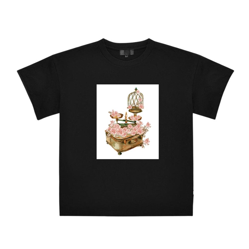 Birdcage, Scales, and Suitcase Adorned with Pink Roses T-Shirts