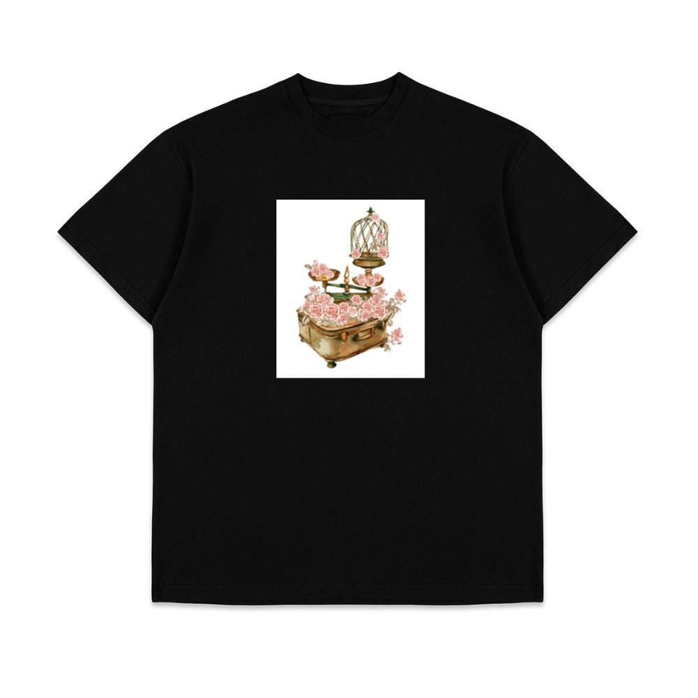 Birdcage, Scales, and Suitcase Adorned with Pink Roses T-Shirts