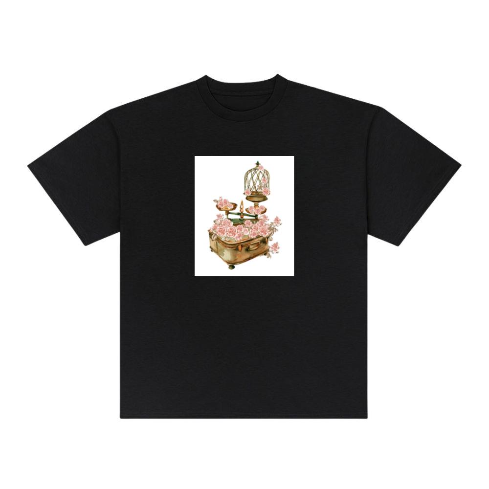 Birdcage, Scales, and Suitcase Adorned with Pink Roses T-Shirts