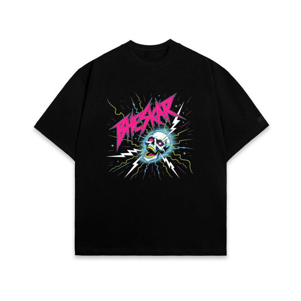 Bizarre Skull Neon Lightning Graphic T-Shirt
