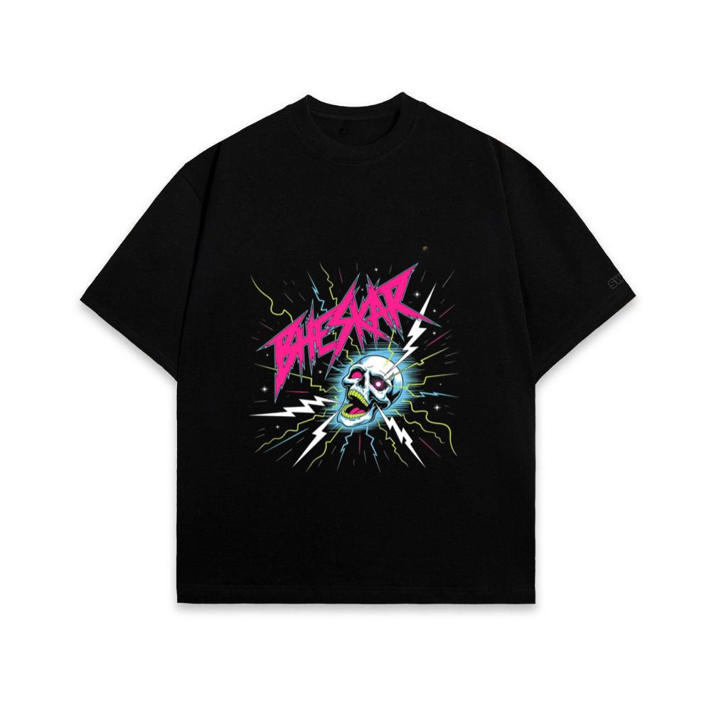 Bizarre Skull Neon Lightning Graphic T-Shirt