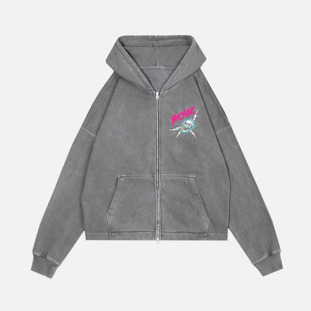 Bizarre Skull Neon Lightning Graphic Zip Hoodie Kelyee