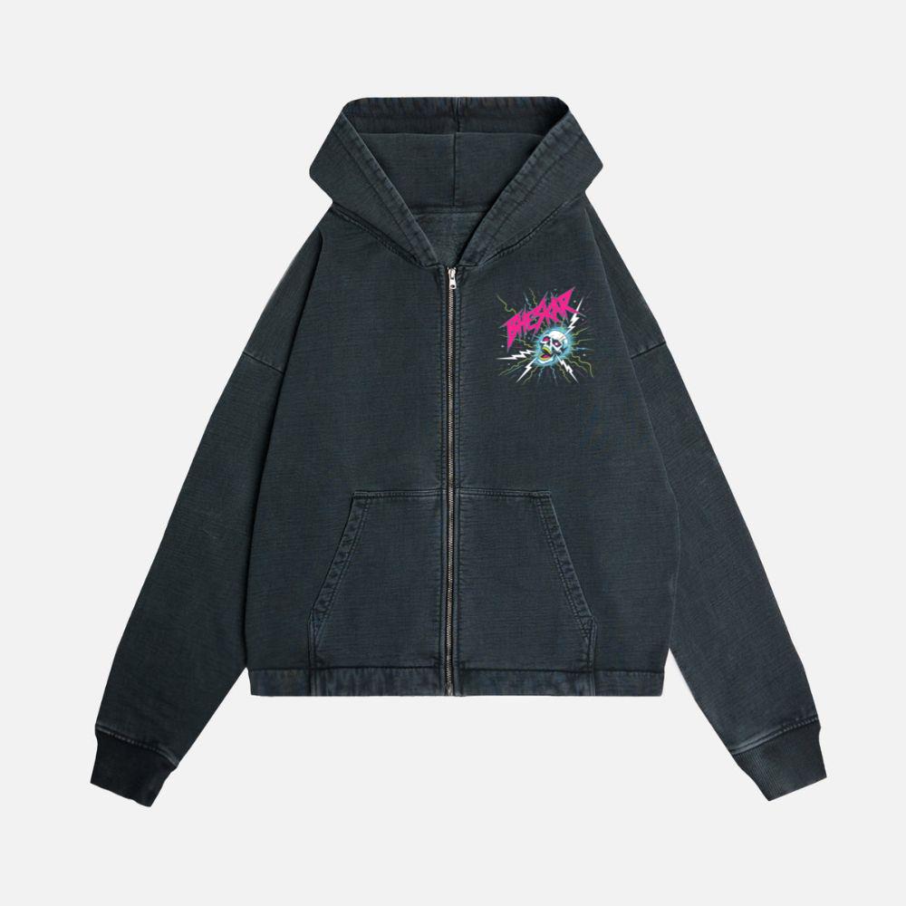 Bizarre Skull Neon Lightning Graphic Zip Hoodie Kelyee
