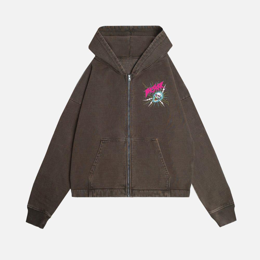 Bizarre Skull Neon Lightning Graphic Zip Hoodie Kelyee