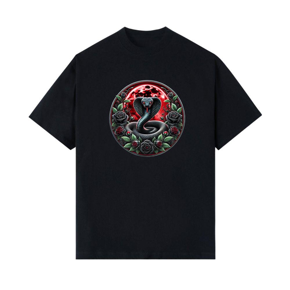 Black Cobra Snake, Goth Roses and Red Moon T-Shirt 