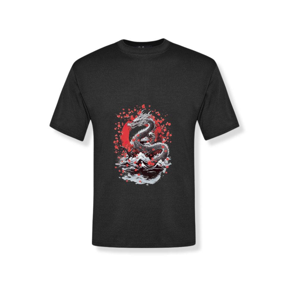 Black White Dragon with Red Sun Japanese Sea Waves T-Shirts