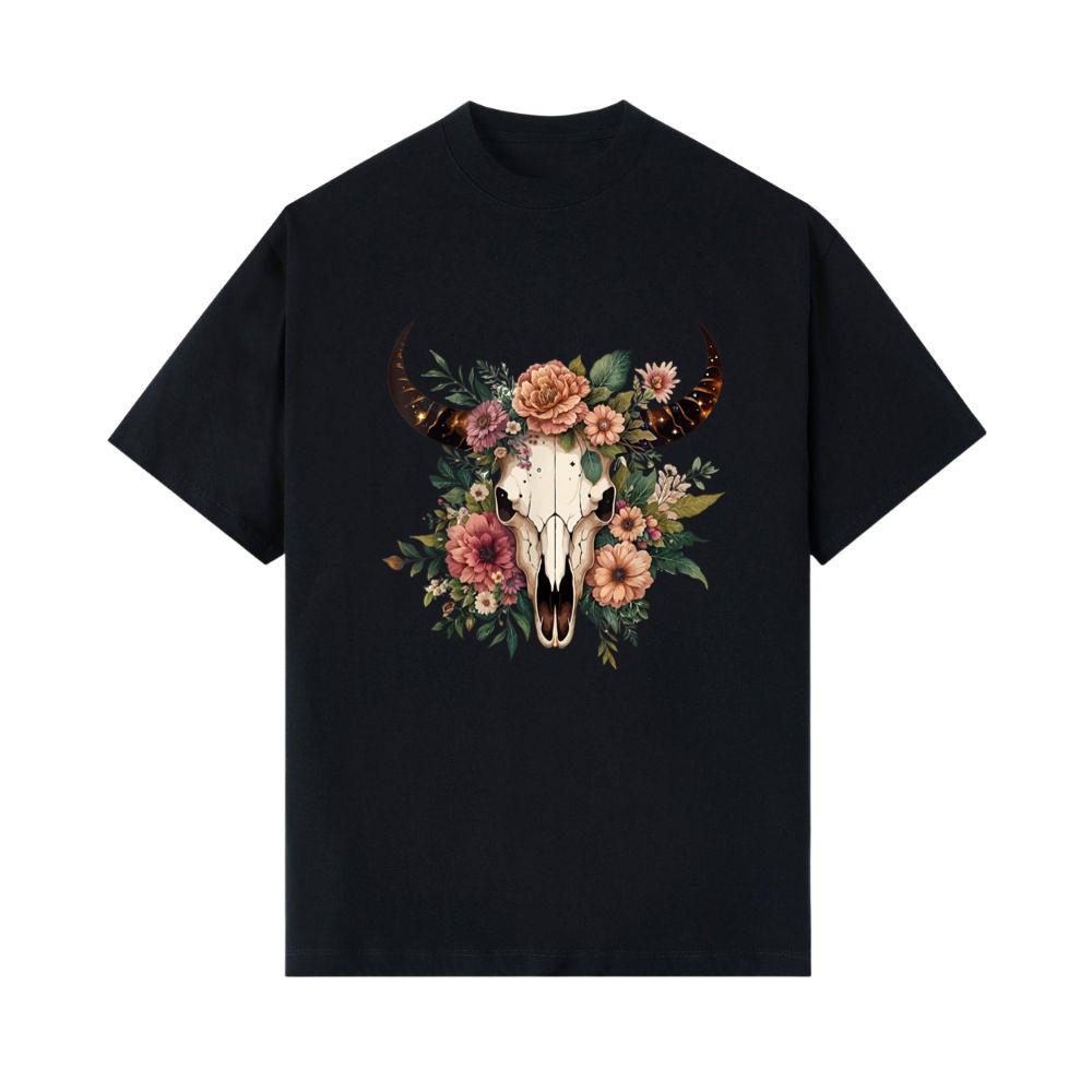 Boho Cow Bull Skull Flowers Wild west Western Cowgirl Texans T-Shirt 
