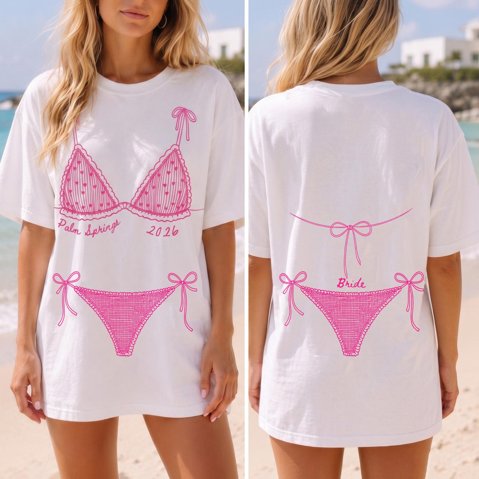 BojjiCo Custom Name Oversized T-Shirt For Women Bachelorette Party Beach Cover Up Preppy Coquette Red Bikini Graphic Tee White Cotton Funny Girls Trip Vacation Top Summer Bride Bridesmaid Trendy Novelty Custom Apparel Graphic Top
