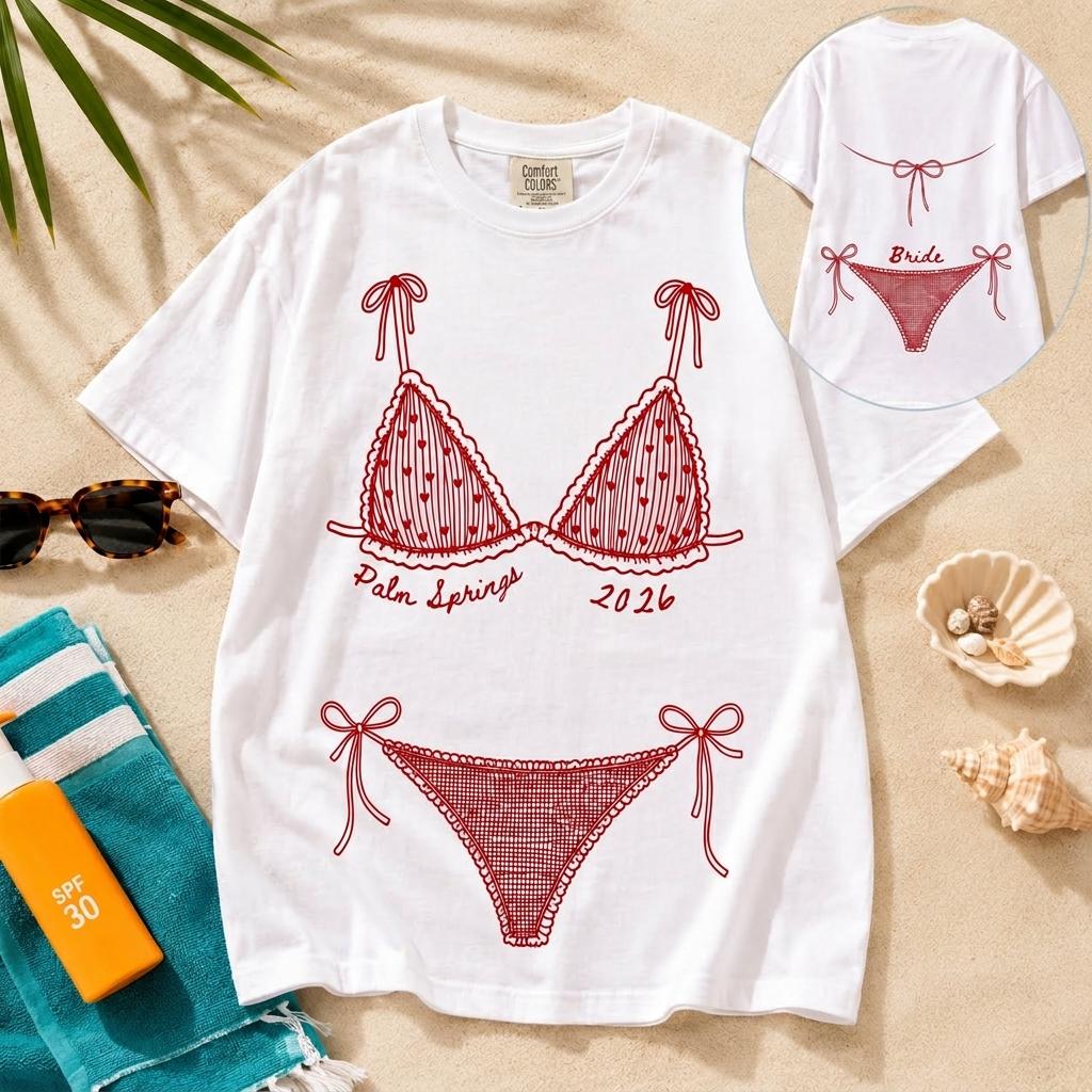 BojjiCo Custom Name Oversized T-Shirt For Women Bachelorette Party Beach Cover Up Preppy Coquette Red Bikini Graphic Tee White Cotton Funny Girls Trip Vacation Top Summer Bride Bridesmaid Trendy Novelty Custom Apparel Graphic Top - Image 5