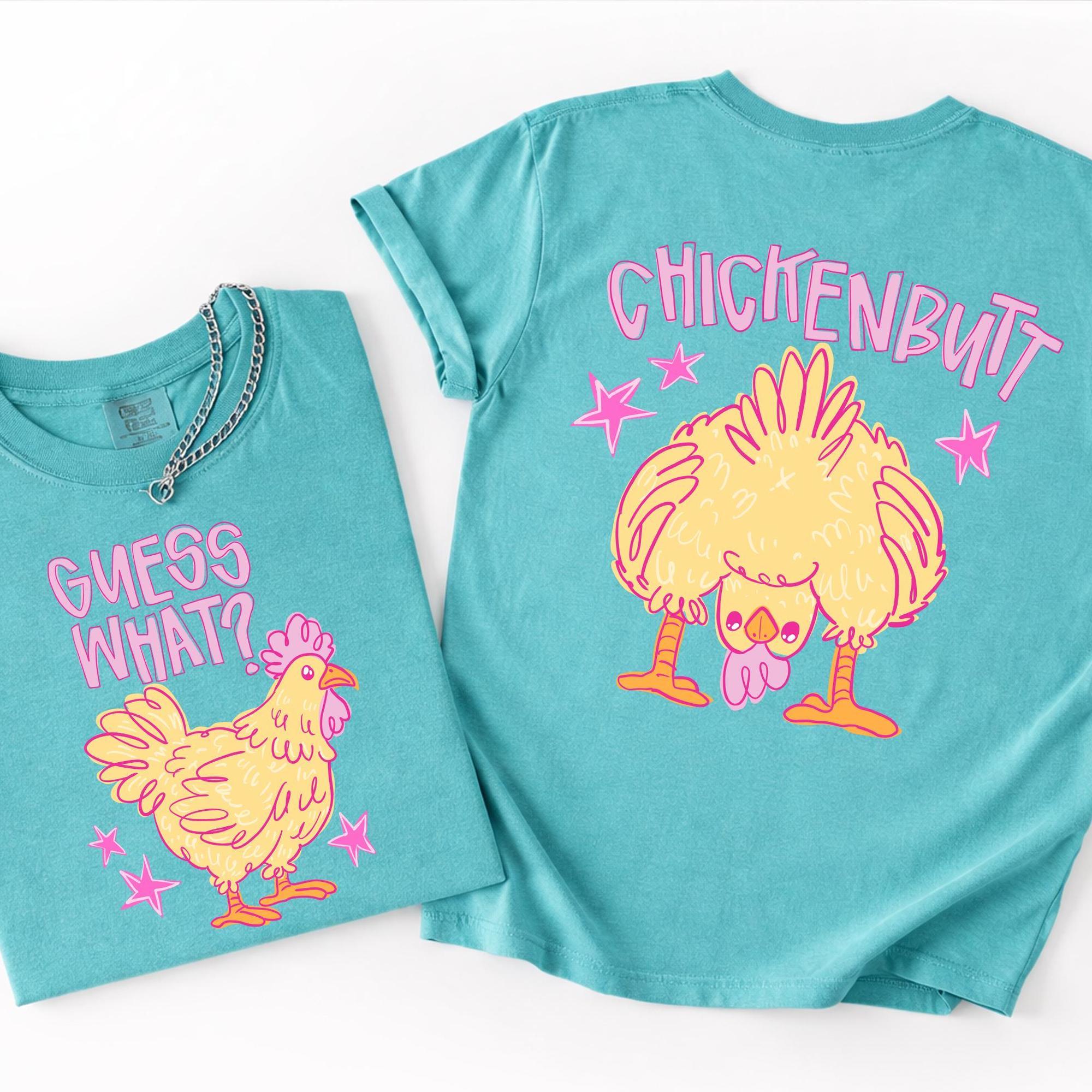 BojjiCo Guess What Chicken Butt Shirt Funny Meme Graphic Short Sleeve T-Shirt For Women And Men Unisex Cute Retro Preppy Y2K Aesthetic Novelty White Cotton Blend Top Front And Back Print Summer Joke Humorous Animal Tee Casual Everyday Wear