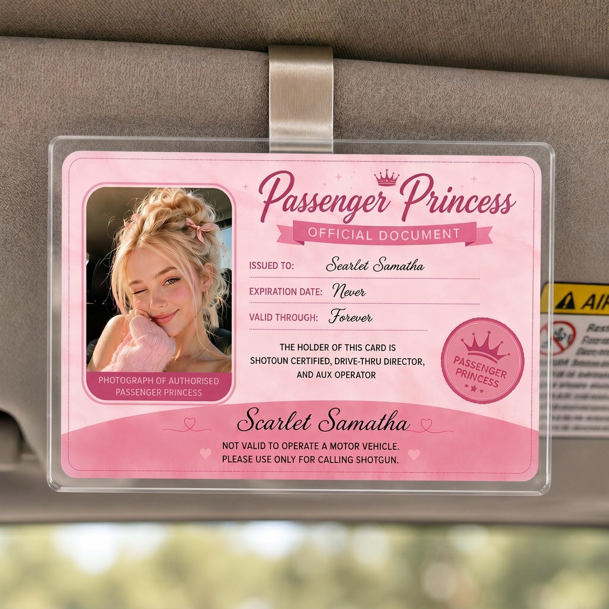 Bojjico Viral Personalized Passenger Princess Official Document Car Visor Clip Custom Photo And Name ID Badge Holder For Girlfriend Cute Pink Coquette Aesthetic Clear Acrylic Funny Car Accessories Gift Shotgun Rider Meme Gag Gifts - Image 3