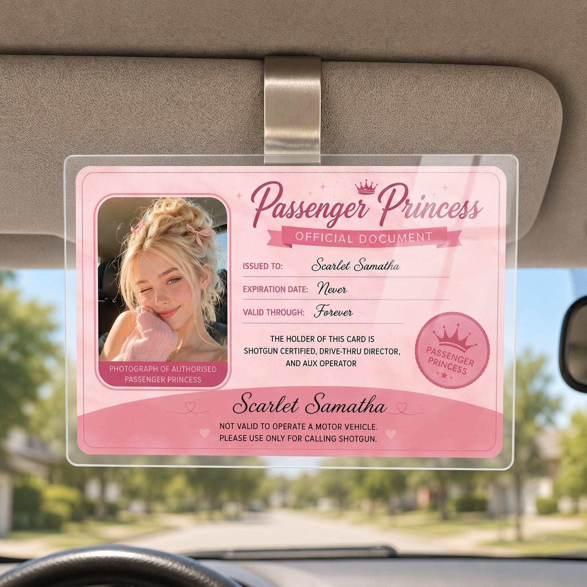 Bojjico Viral Personalized Passenger Princess Official Document Car Visor Clip Custom Photo And Name ID Badge Holder For Girlfriend Cute Pink Coquette Aesthetic Clear Acrylic Funny Car Accessories Gift Shotgun Rider Meme Gag Gifts