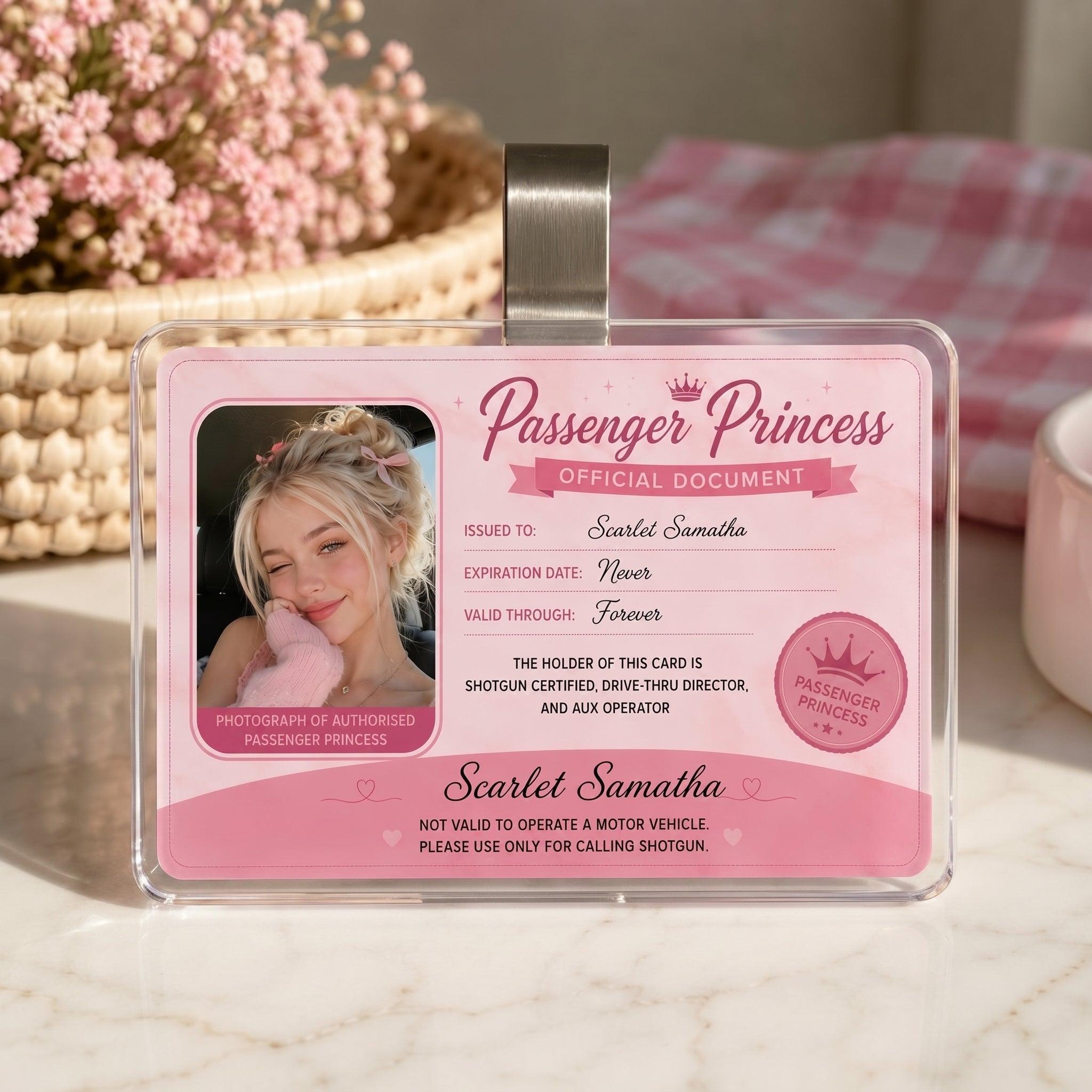 Bojjico Viral Personalized Passenger Princess Official Document Car Visor Clip Custom Photo And Name ID Badge Holder For Girlfriend Cute Pink Coquette Aesthetic Clear Acrylic Funny Car Accessories Gift Shotgun Rider Meme Gag Gifts - Image 2