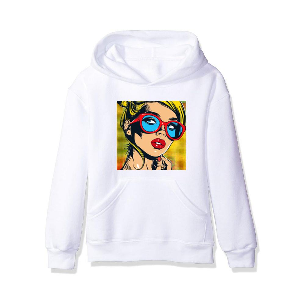 Bold Hues Illuminate a Woman's Gaze Behind Scarlet Frames Hoodies