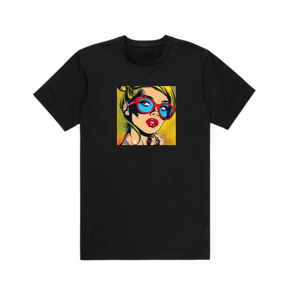 Bold Hues Illuminate a Woman's Gaze Behind Scarlet Frames T-Shirts