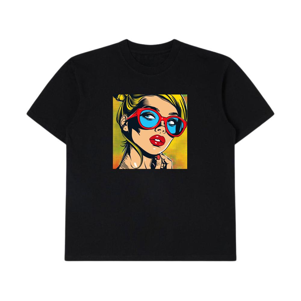 Bold Hues Illuminate a Woman's Gaze Behind Scarlet Frames T-Shirts