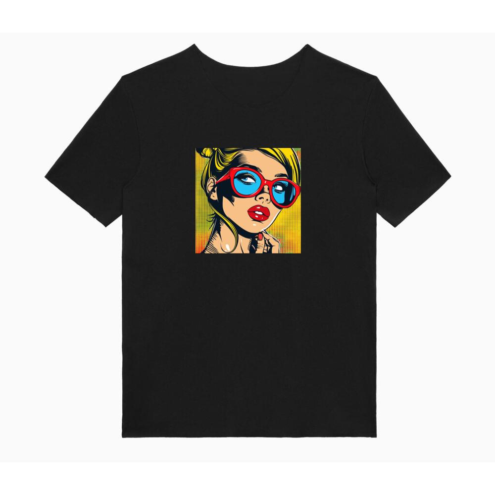 Bold Hues Illuminate a Womans Gaze Behind Scarlet Frames TShirts Tickertaz