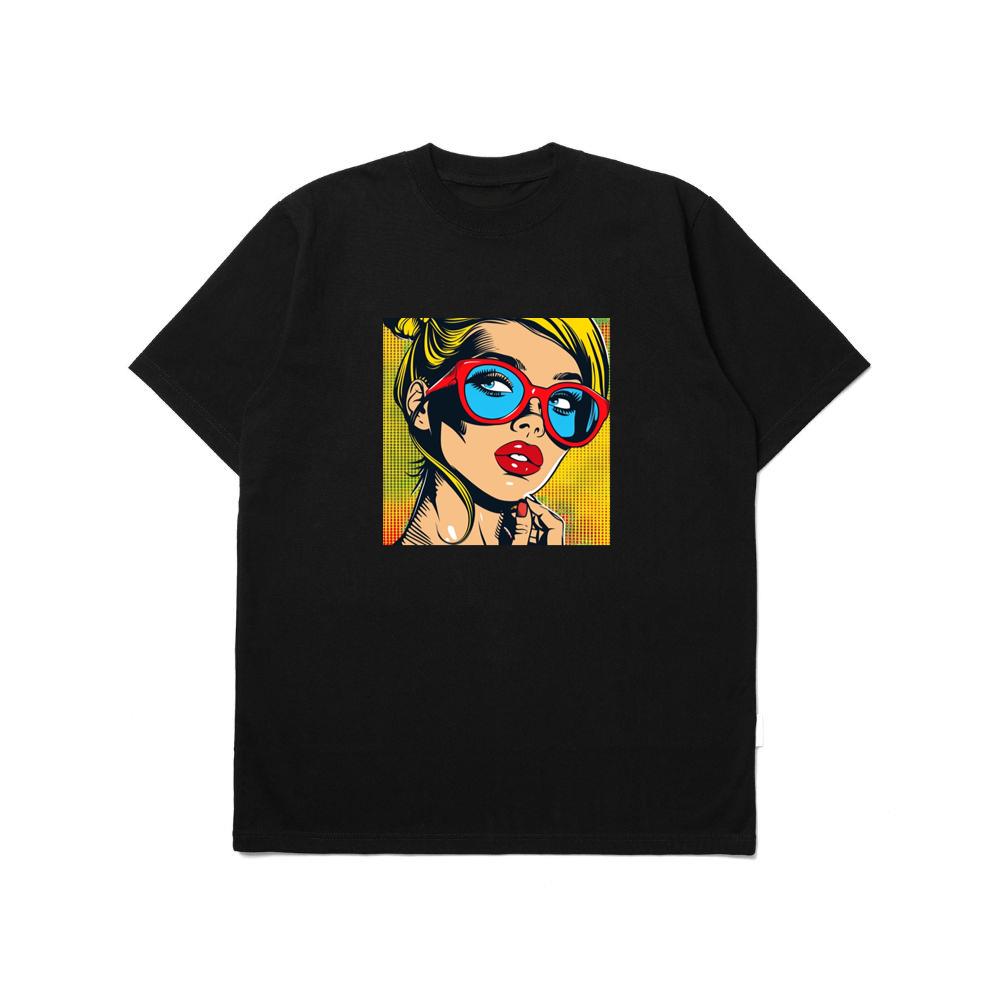 Bold Hues Illuminate a Woman's Gaze Behind Scarlet Frames T-Shirts