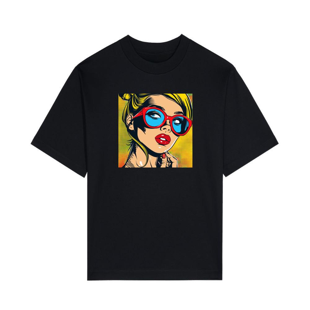 Bold Hues Illuminate a Woman's Gaze Behind Scarlet Frames T-Shirts