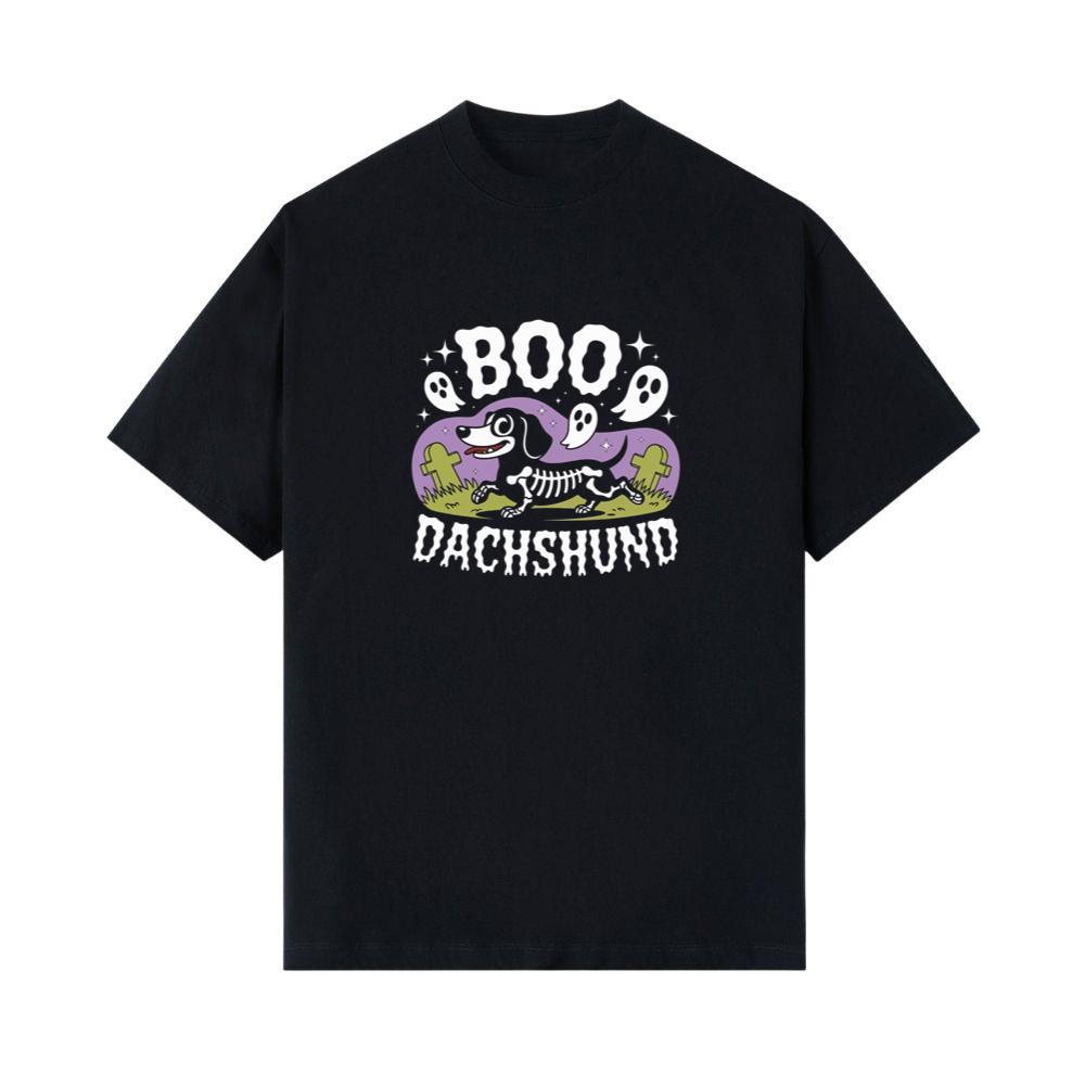 Boo Dachshund Skeleton Dog Halloween Cartoon Design T-Shirt