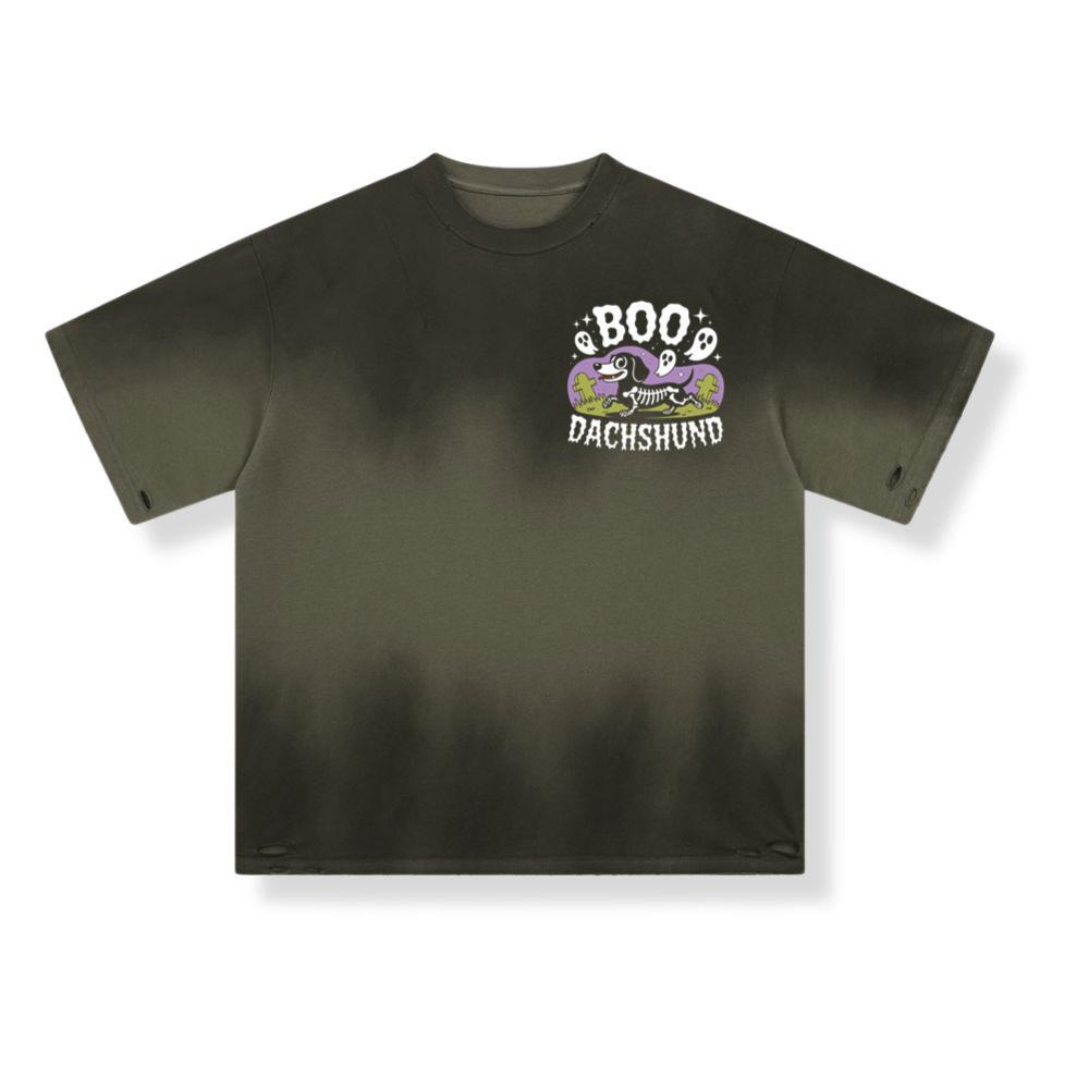 Boo Dachshund Skeleton Dog Halloween Cartoon Design T-Shirt - Image 3