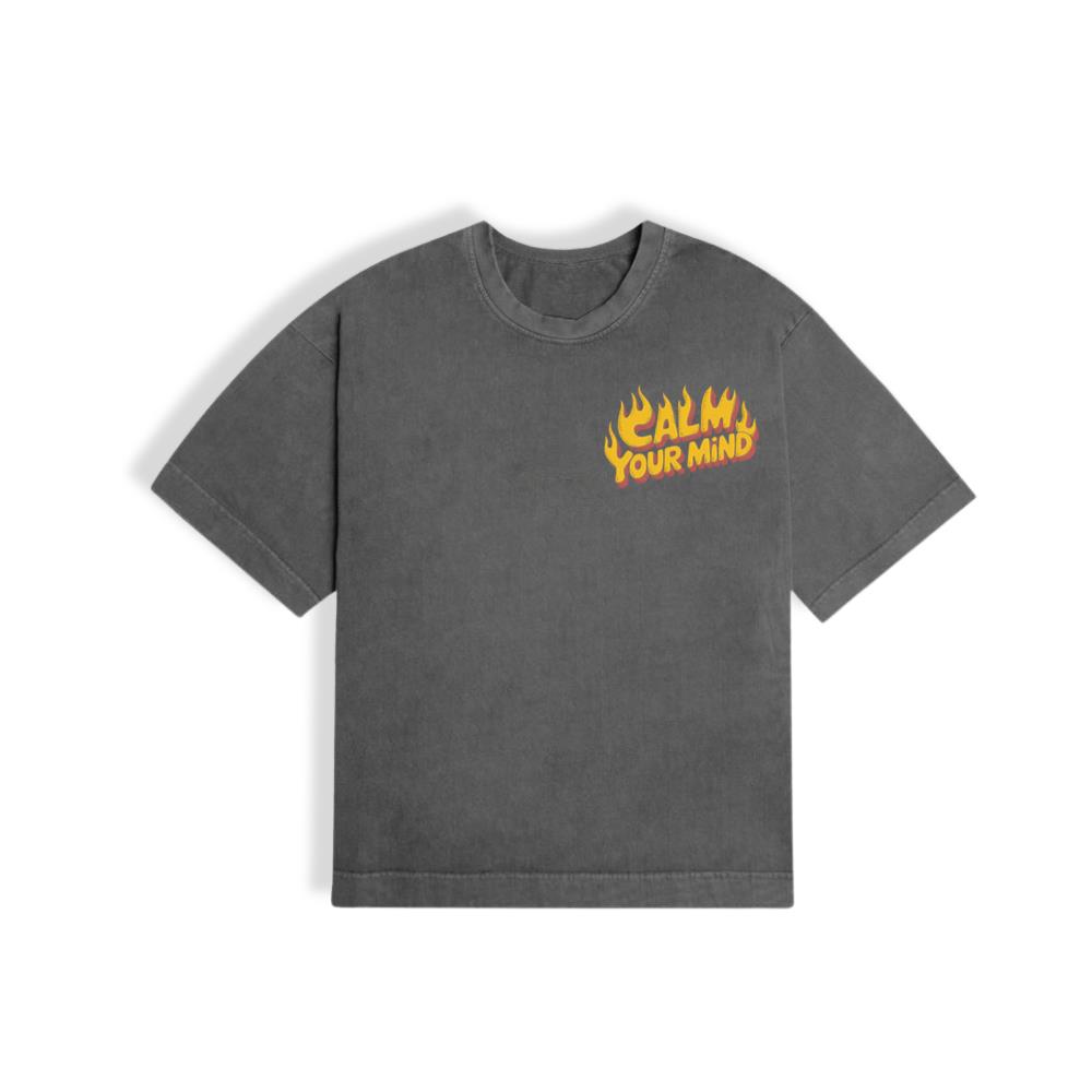 Calm Your Mind Retro Flame Text Design T-Shirt - Image 3