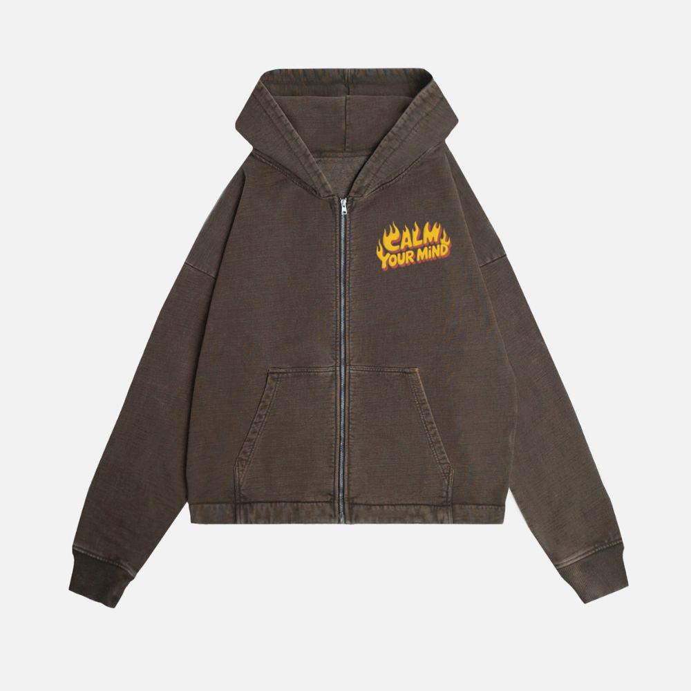 Calm Your Mind Retro Flame Text Design Zip Hoodie Kelyee