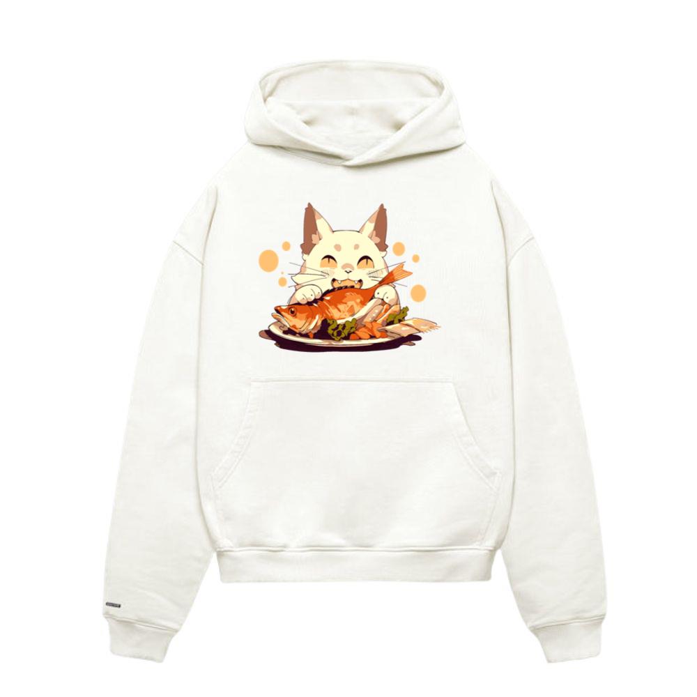 Cat Eating Fish Pet Animals and Food Lover Design Hoodie