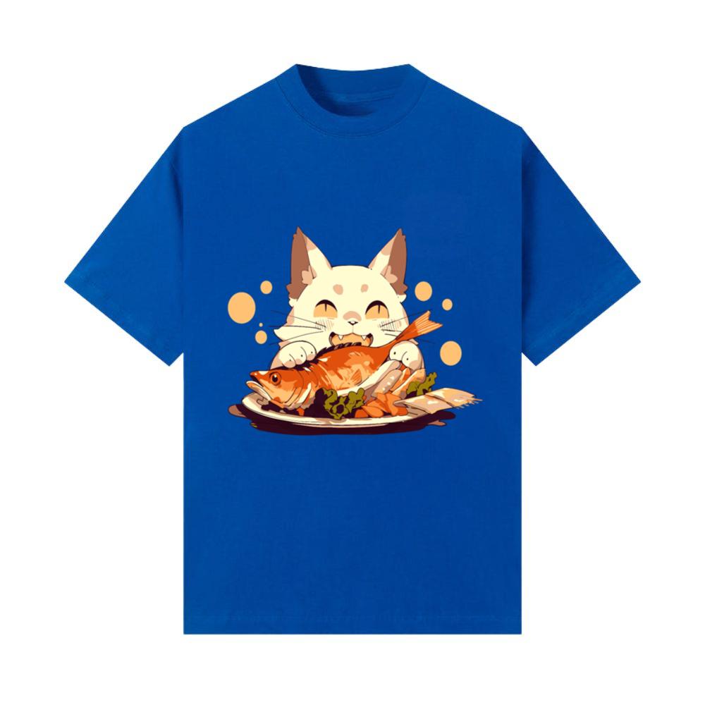 Cat Eating Fish Pet Animals and Food Lover Design T-Shirts