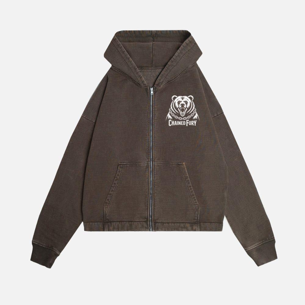 Chained Fury Angry Bear with Chains Ferocious Beast Graphic Zip Hoodie - Image 2