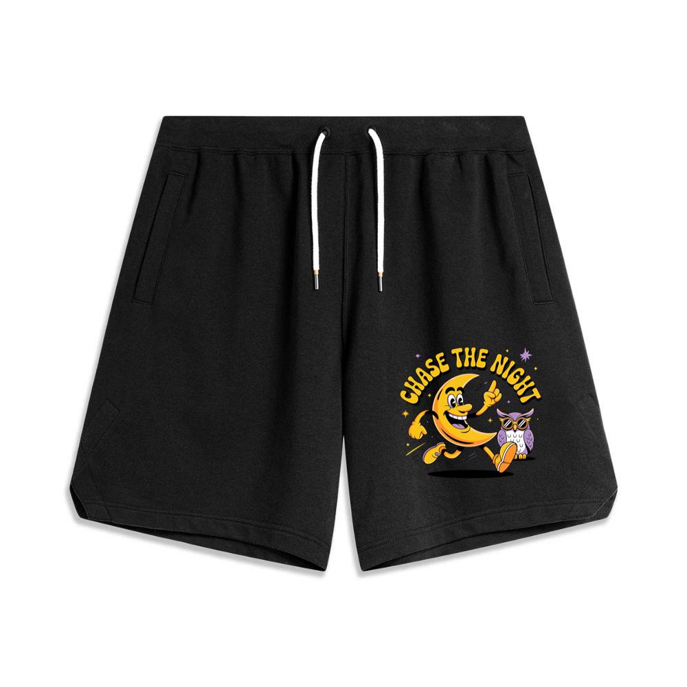 Chase The Night Cartoon Moon Running With Owl Basketball Shorts