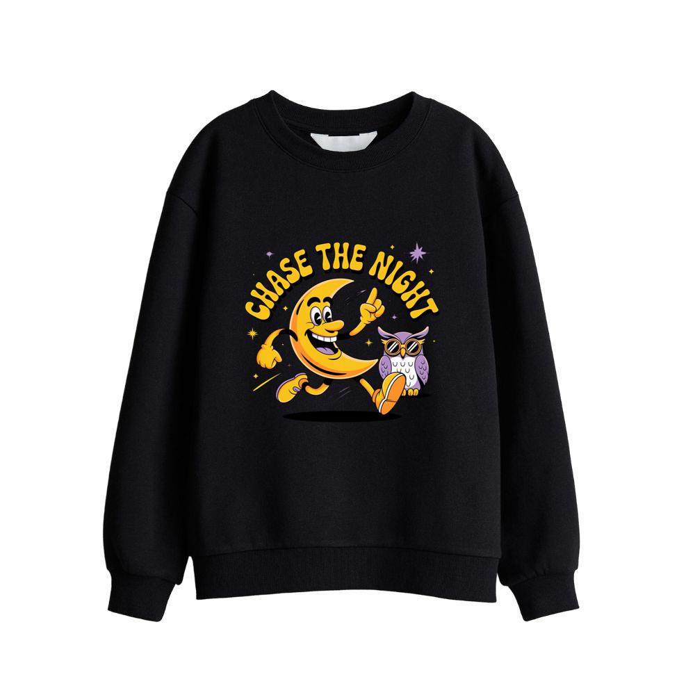 Chase The Night Cartoon Moon Running With Owl Sweatsrhit