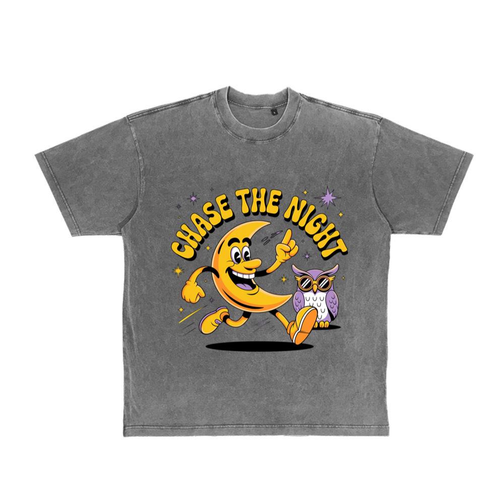 Chase The Night Cartoon Moon Running With Owl T-Shirt
