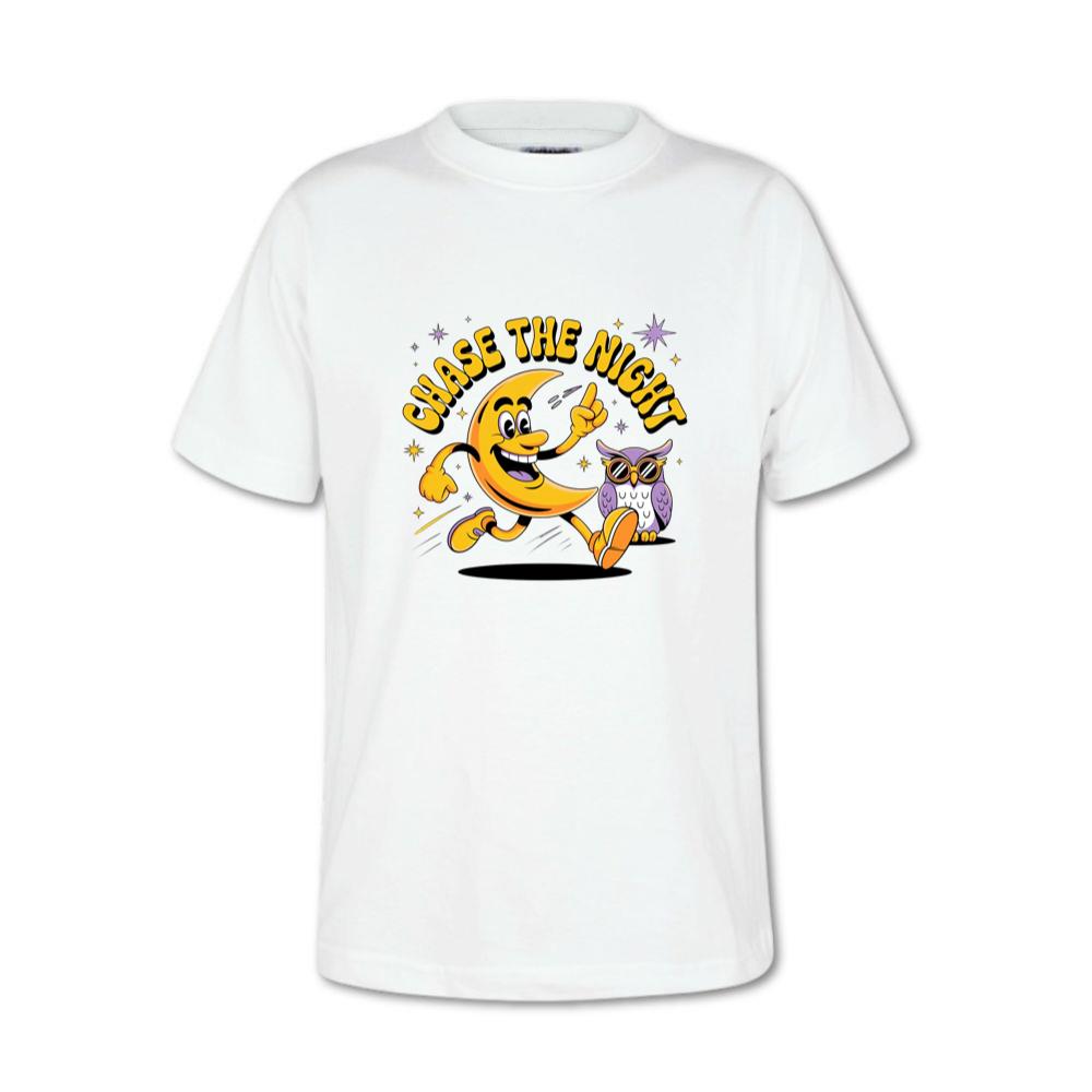 Chase The Night Cartoon Moon Running With Owl T-Shirt