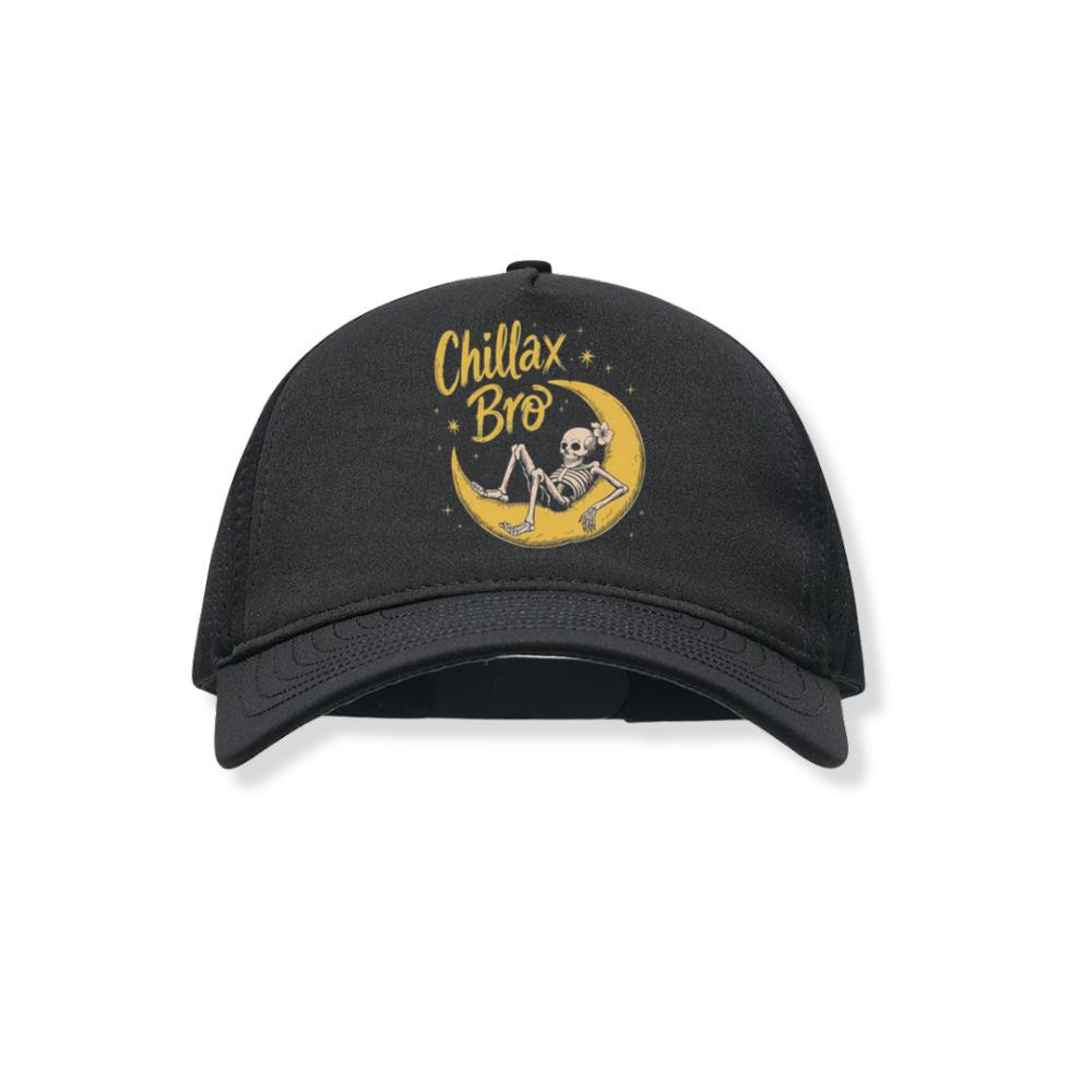 Chillax Bro Skeleton on Moon Cartoon Design Black Hat