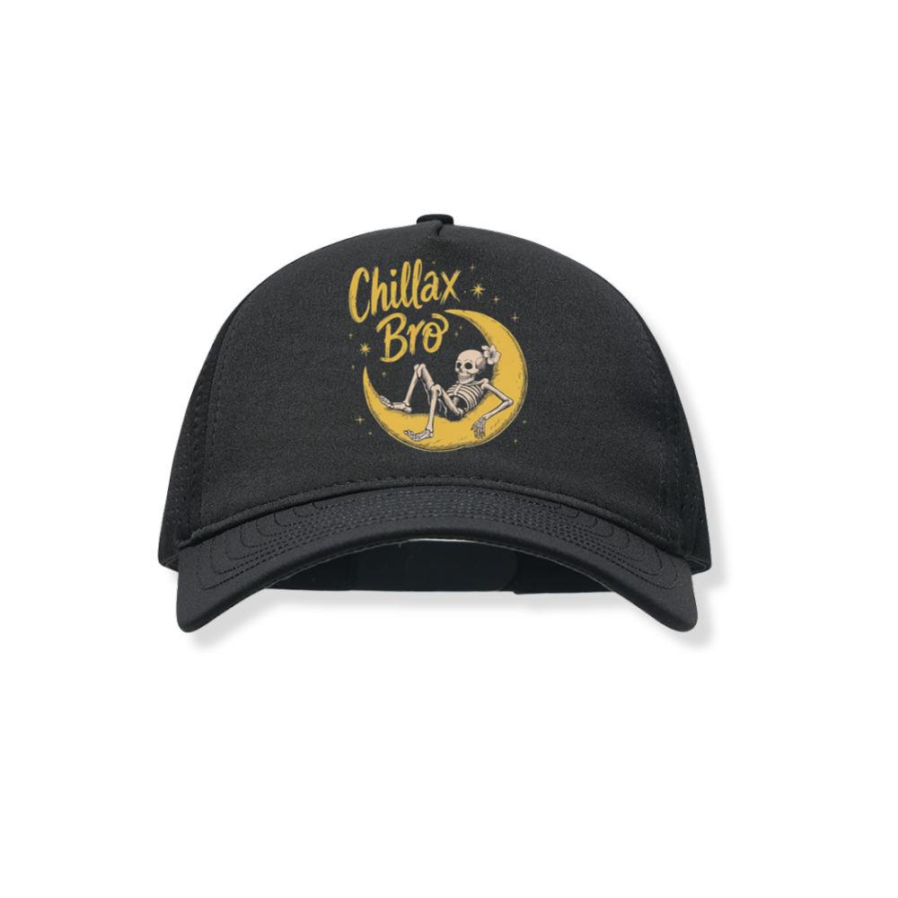 Chillax Bro Skeleton on Moon Cartoon Design Black Hat