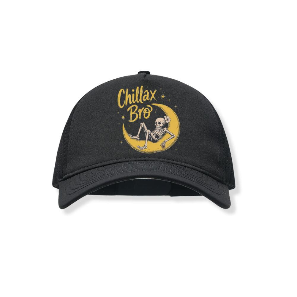 Chillax Bro Skeleton on Moon Cartoon Design Black Hat