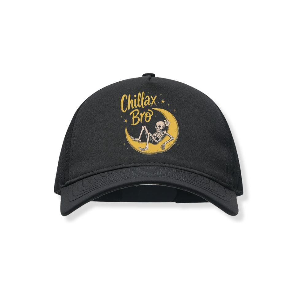 Chillax Bro Skeleton on Moon Cartoon Design Black Hat