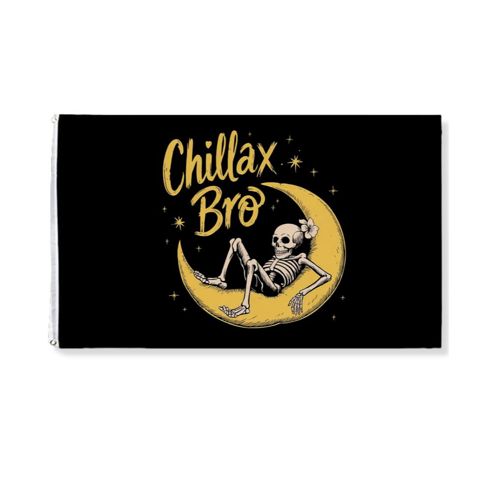 Chillax Bro Skeleton on Moon Cartoon Design Flag