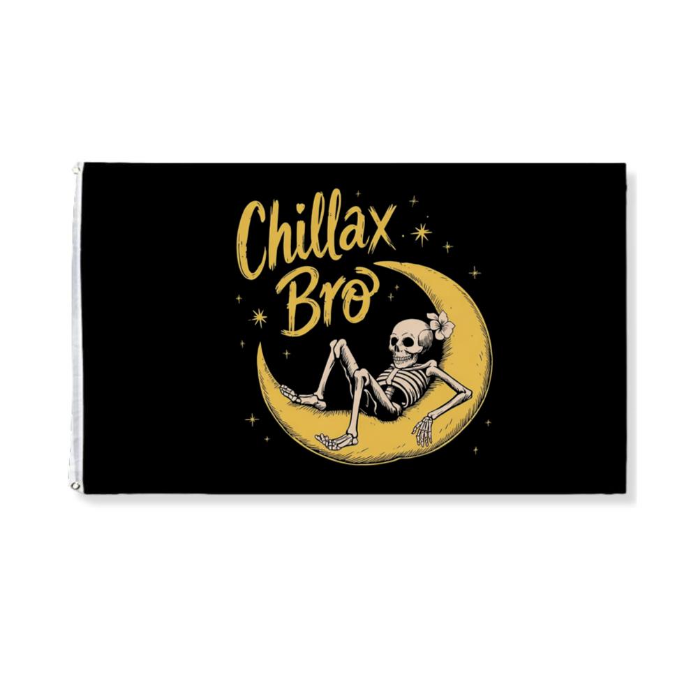 Chillax Bro Skeleton on Moon Cartoon Design Flag