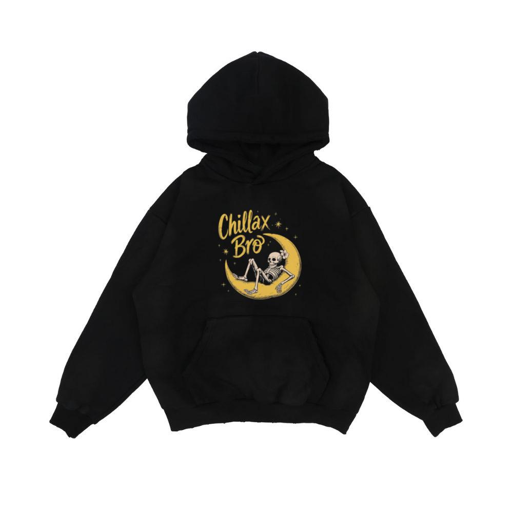 Chillax Bro Skeleton on Moon Cartoon Design Hoodie