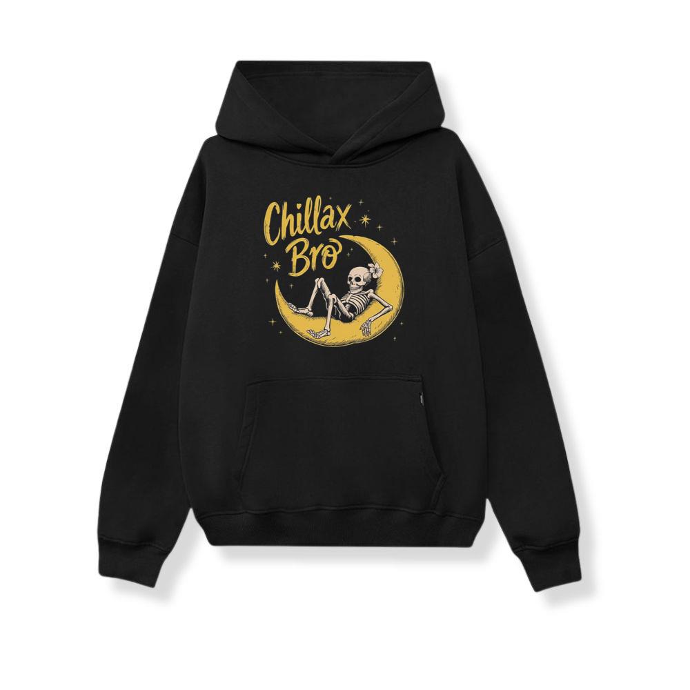 Chillax Bro Skeleton on Moon Cartoon Design Hoodie
