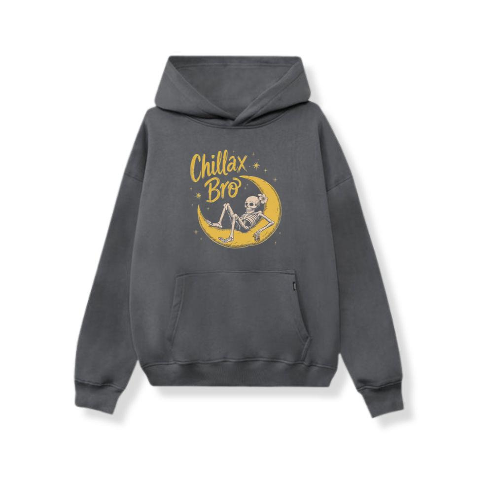 Chillax Bro Skeleton on Moon Cartoon Design Hoodie - Image 2